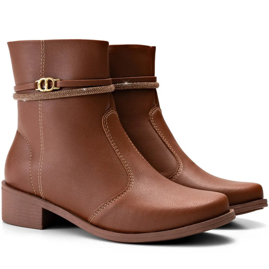 Bota Feminina de Couro Curta Caramelo Lumiss